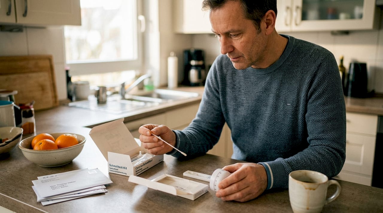 Un uomo apre un auto-test da farmacia sul bancone della sua cucina.