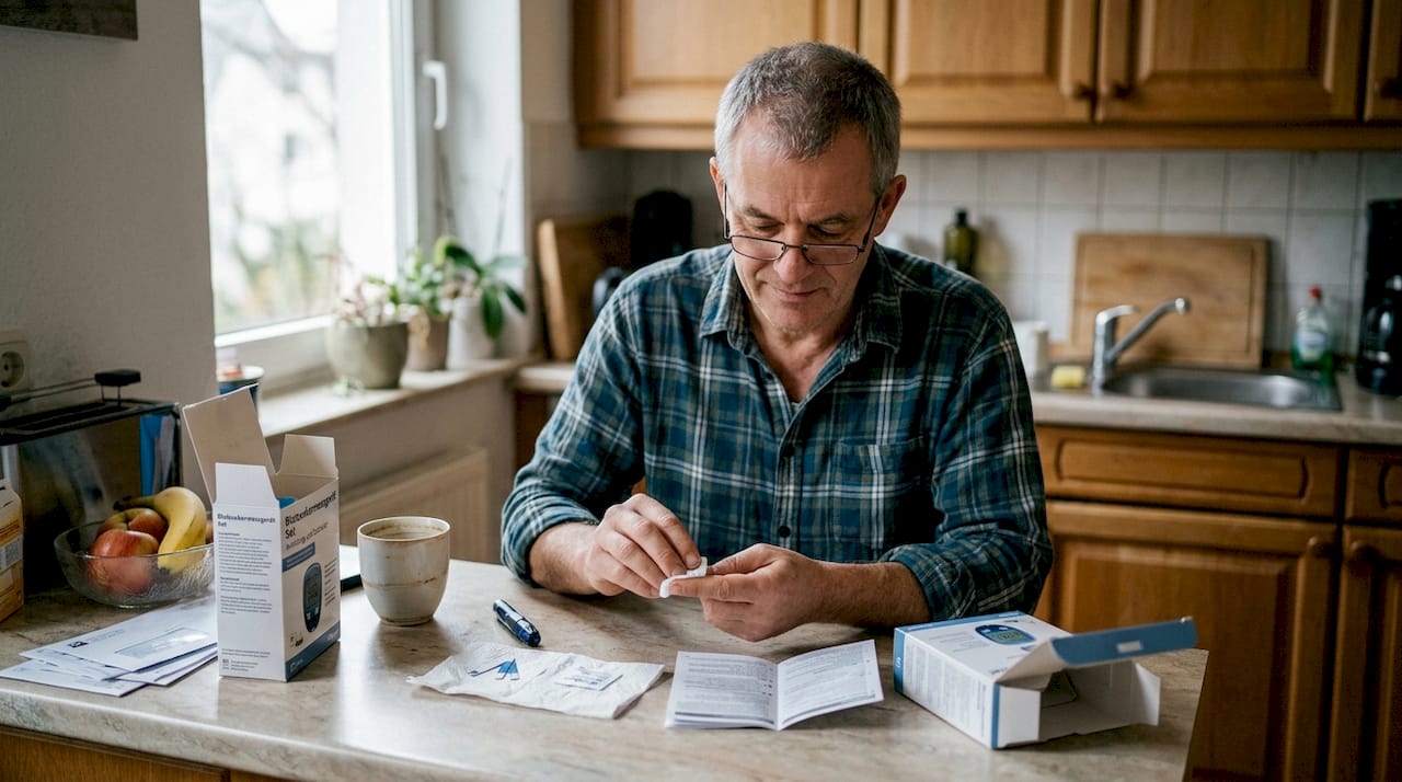Un uomo studia attentamente le istruzioni per un test del sangue che vuole fare a casa.