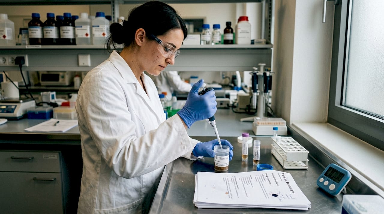 Ein Labortechniker untersucht eine Probe im Rahmen eines Mikrobiom-Tests.