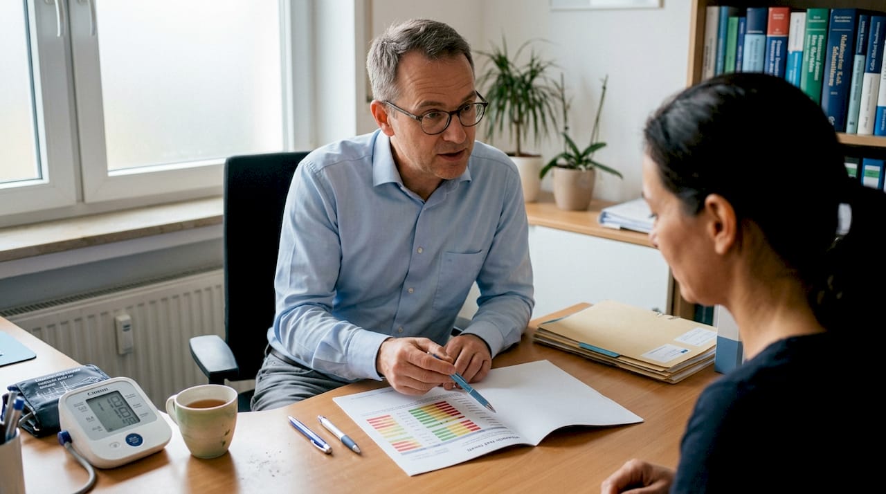 Eine Ärztin bespricht am Schreibtisch die Ergebnisse eines Vitamin-Checks mit ihrem Patienten.