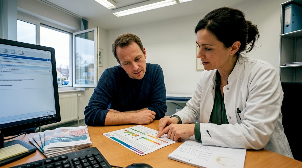 Ärztin bespricht die Ergebnisse einer Darmflora-Analyse mit dem Patienten