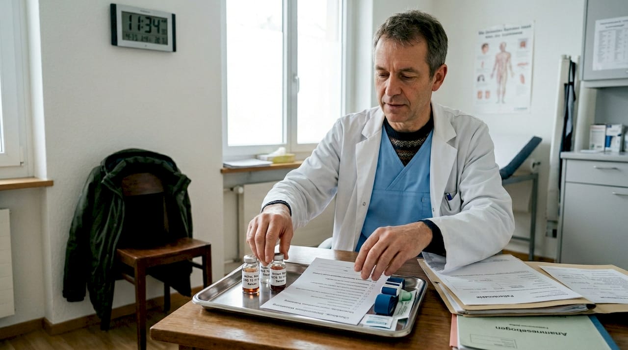 Der Arzt bereitet eine Blutentnahme für die nächste Vorsorgeuntersuchung vor.