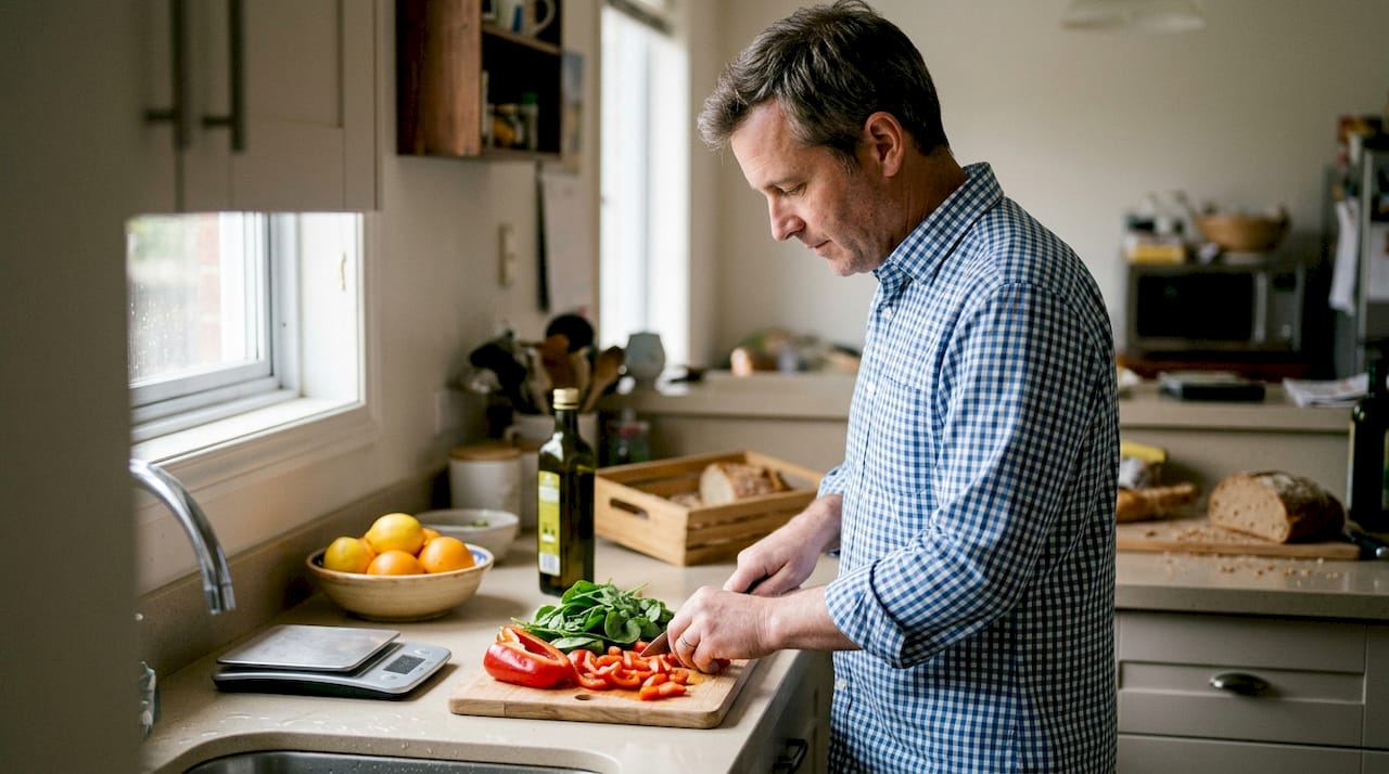 Ein Mann schnippelt frische, gesunde Zutaten in seiner Küche und bereitet daraus ein ausgewogenes Gericht zu.