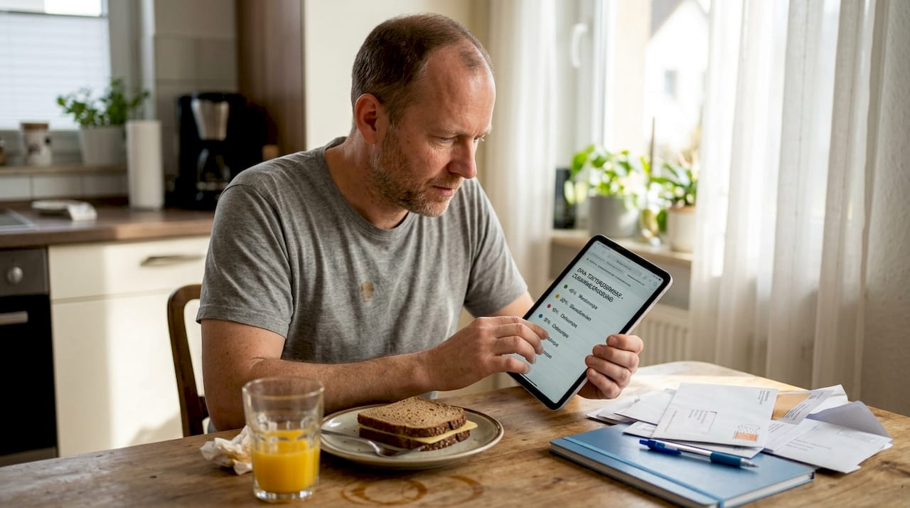 Ein Mann sitzt beim Frühstück und wirft einen neugierigen Blick auf die Ergebnisse seines DNA-Tests.
