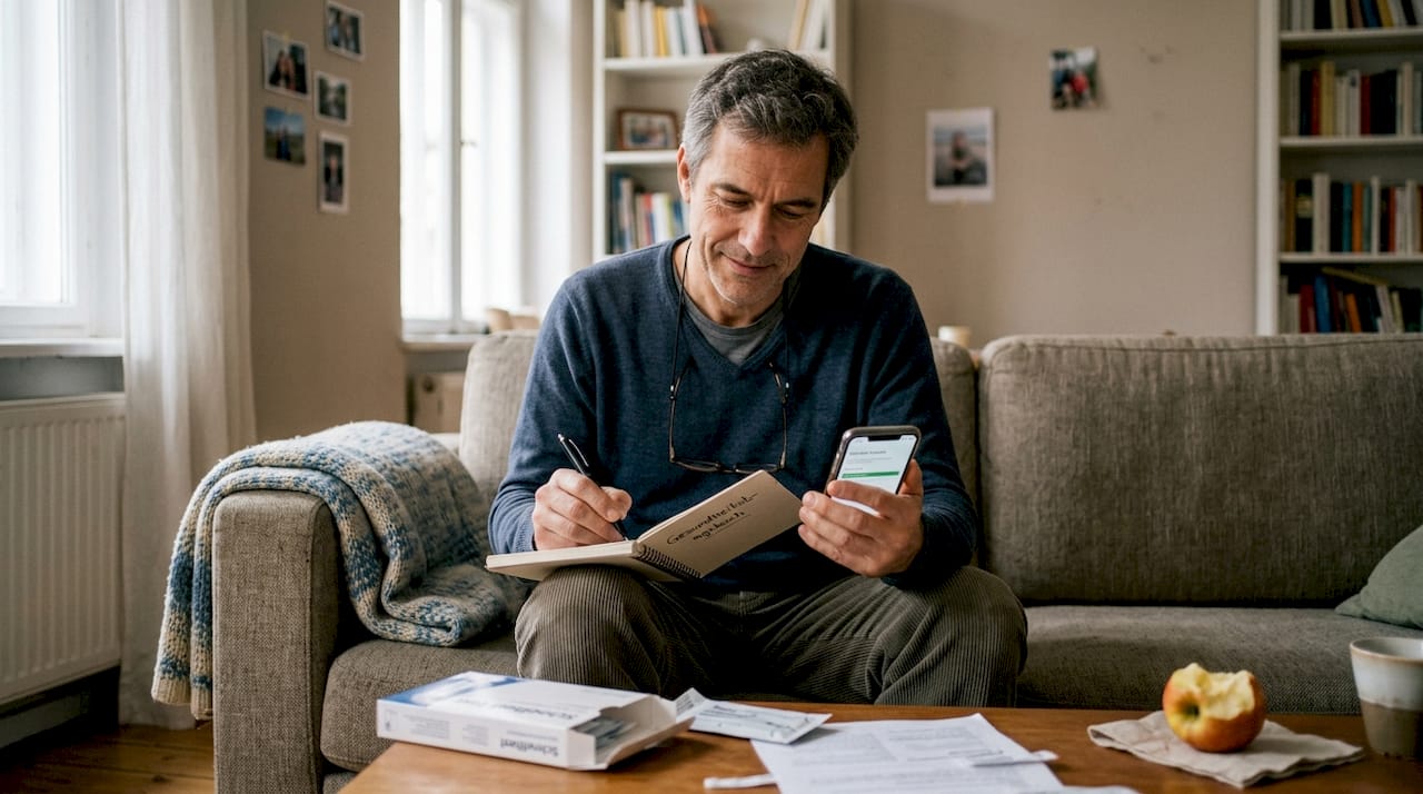 Ein Mann sitzt zu Hause und trägt die Ergebnisse seines Gesundheitstests sorgfältig in sein Notizbuch ein.