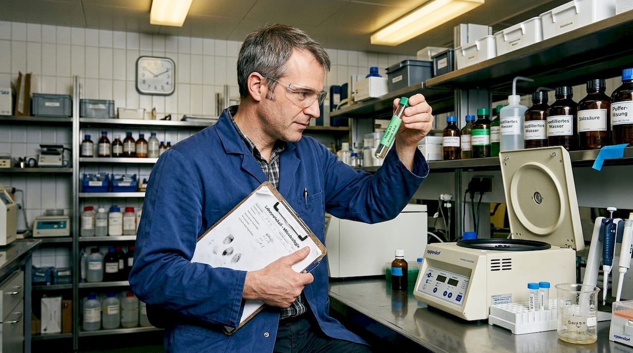 Ein Laborant prüft eine eingesendete Probe aus einem Heimtest.