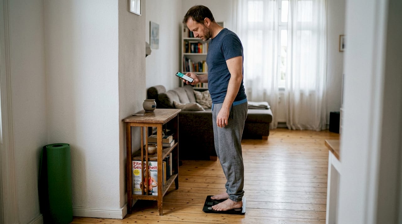 Een man controleert thuis zijn BMI en lichaamsvetpercentage.