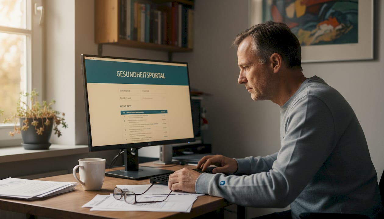 A patient securely logs into the health portal from home.