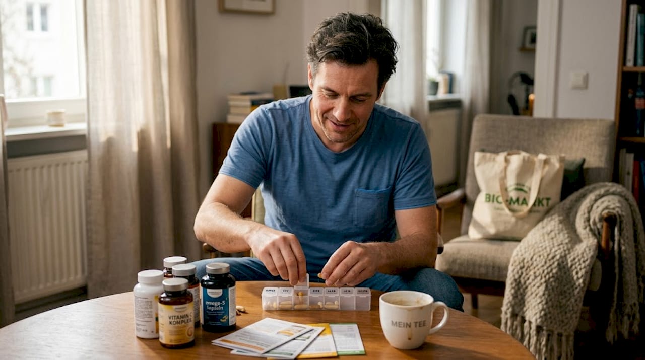 Ein Mann sortiert seine Vitamintabletten im Wohnzimmer.