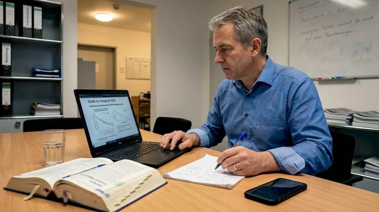 Ein Mediziner analysiert aktuelle Forschungsergebnisse zur Keto-Ernährung an seinem Laptop.