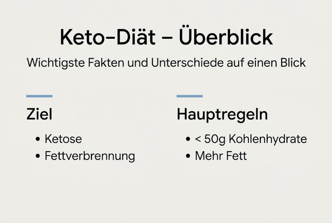 Übersichtsgrafik: Alles Wichtige zur Keto-Ernährung und ihre wichtigsten Regeln auf einen Blick