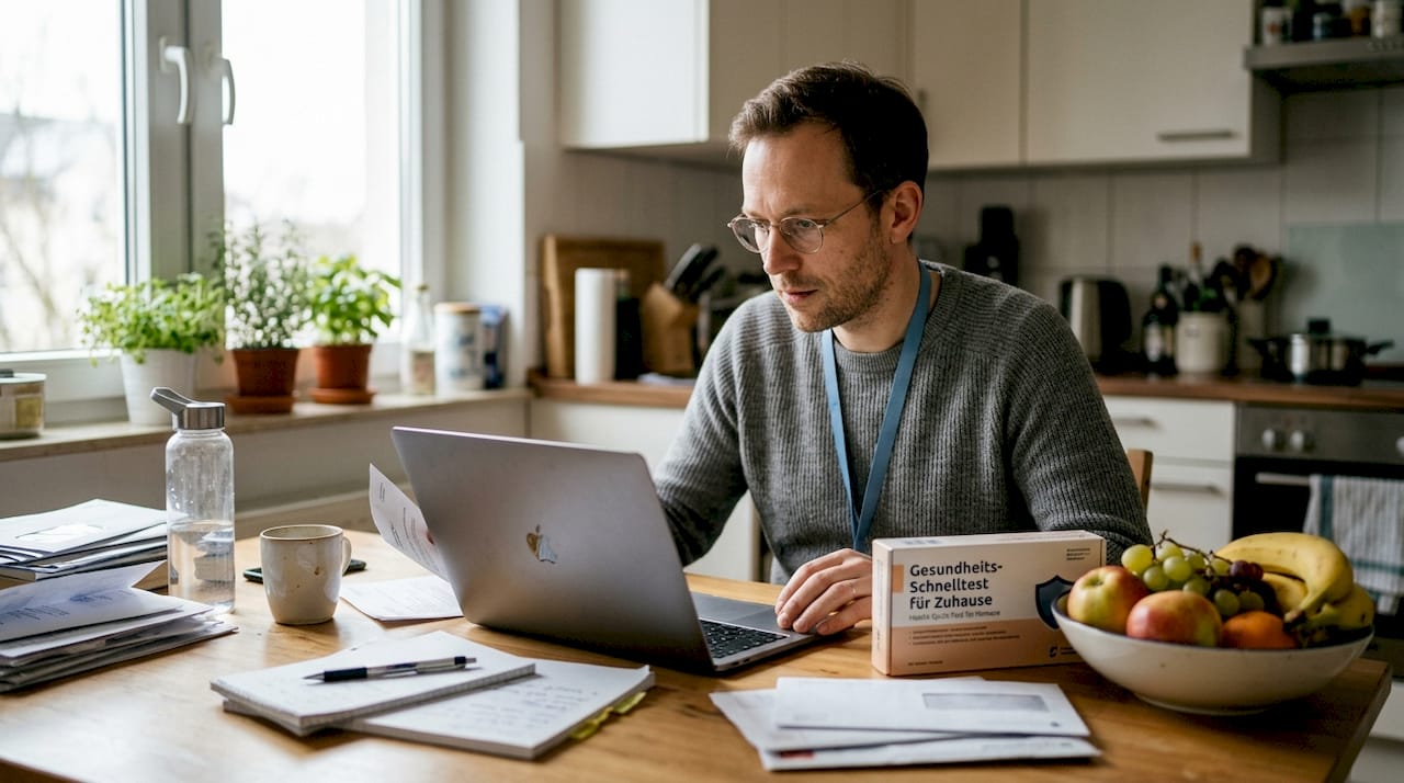 Um homem está sentado à mesa da cozinha e verifica os resultados do seu teste nutricional.