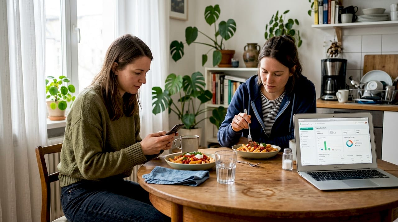 Los amigos comparten sus comidas y hábitos alimenticios y comparan sus resultados.