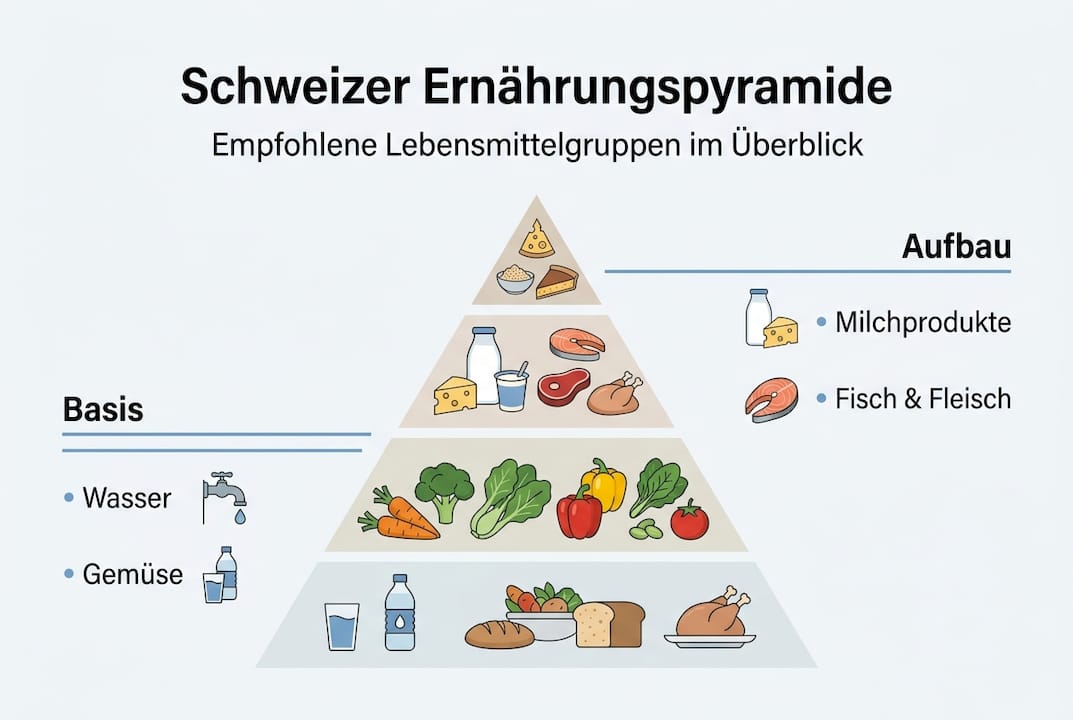 La infografía ilustra claramente la pirámide alimentaria suiza.