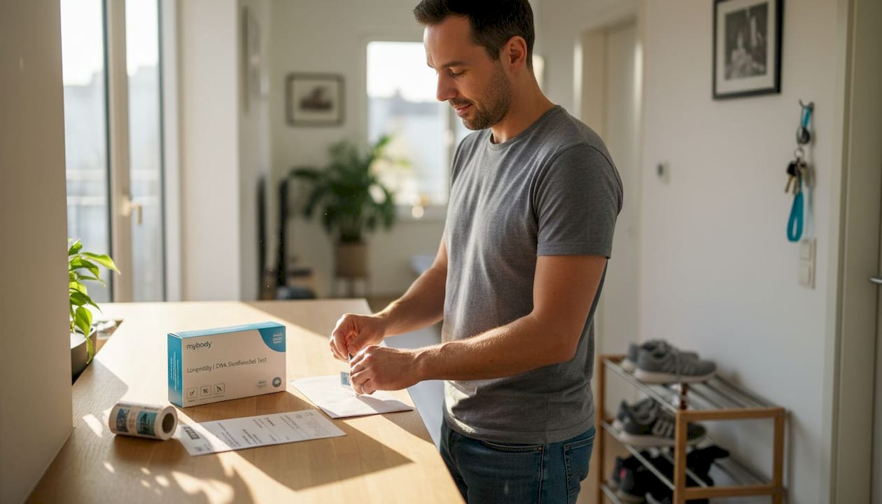 Un hombre prepara un kit de prueba de ADN y lo envía por correo.