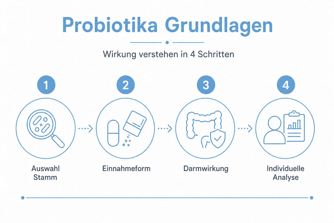 Diese Infografik veranschaulicht anschaulich die wichtigsten Grundlagen und den Ablauf der Wirkung von Probiotika.