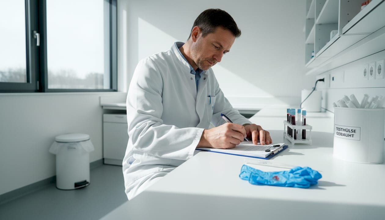 No assento junto à janela, um assistente de laboratório examina amostras de sangue.