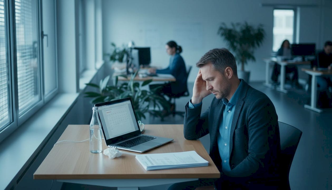 An exhausted office worker sits at a desk, rubbing their temples.
