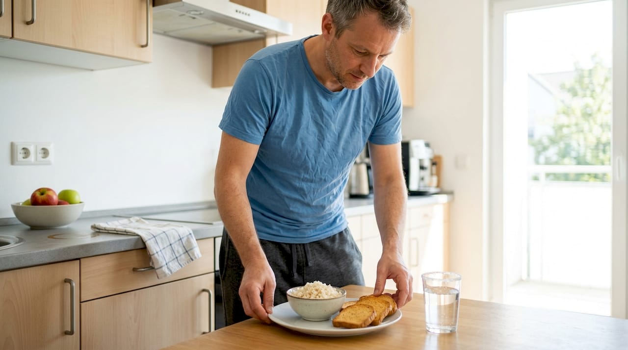 Ein Mann bereitet eine leichte Mahlzeit aus Zwieback und Reis zu, ideal für empfindlichen Magen.
