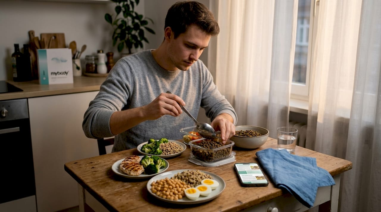 Alguém prepara refeições para a semana e presta atenção especial em alimentos ricos em proteína.