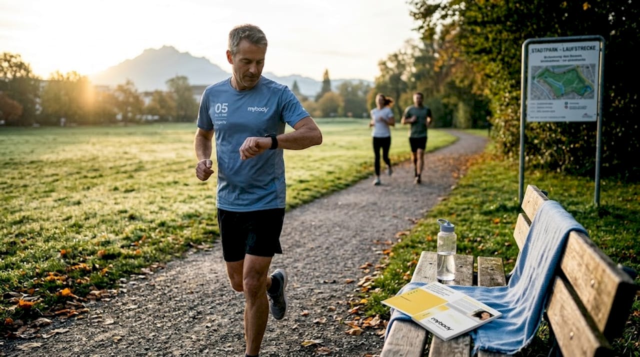 Sob um sol radiante, um homem faz sua corrida matinal pelo parque da cidade.