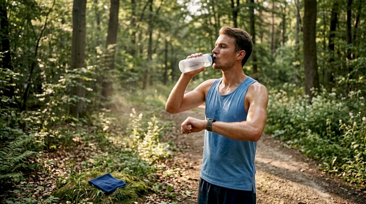 Após o treino, o atleta desfruta de uma garrafa refrescante de água no parque.
