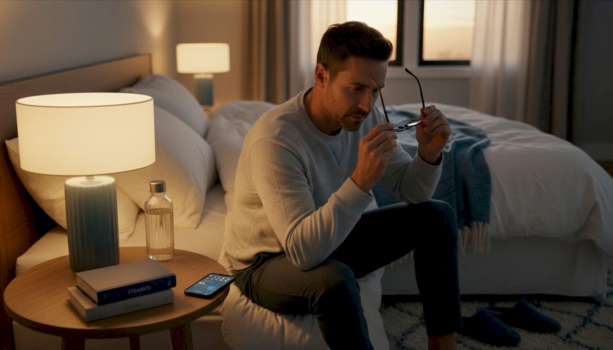 Een man volgt 's avonds zijn gebruikelijke routine in de slaapkamer.