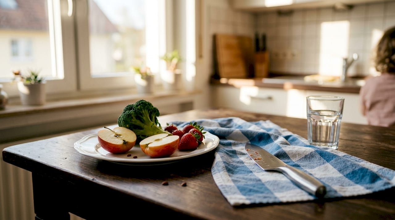 Ein gedeckter Tisch mit frischem Apfel, knackigem Brokkoli und saftigen Erdbeeren.