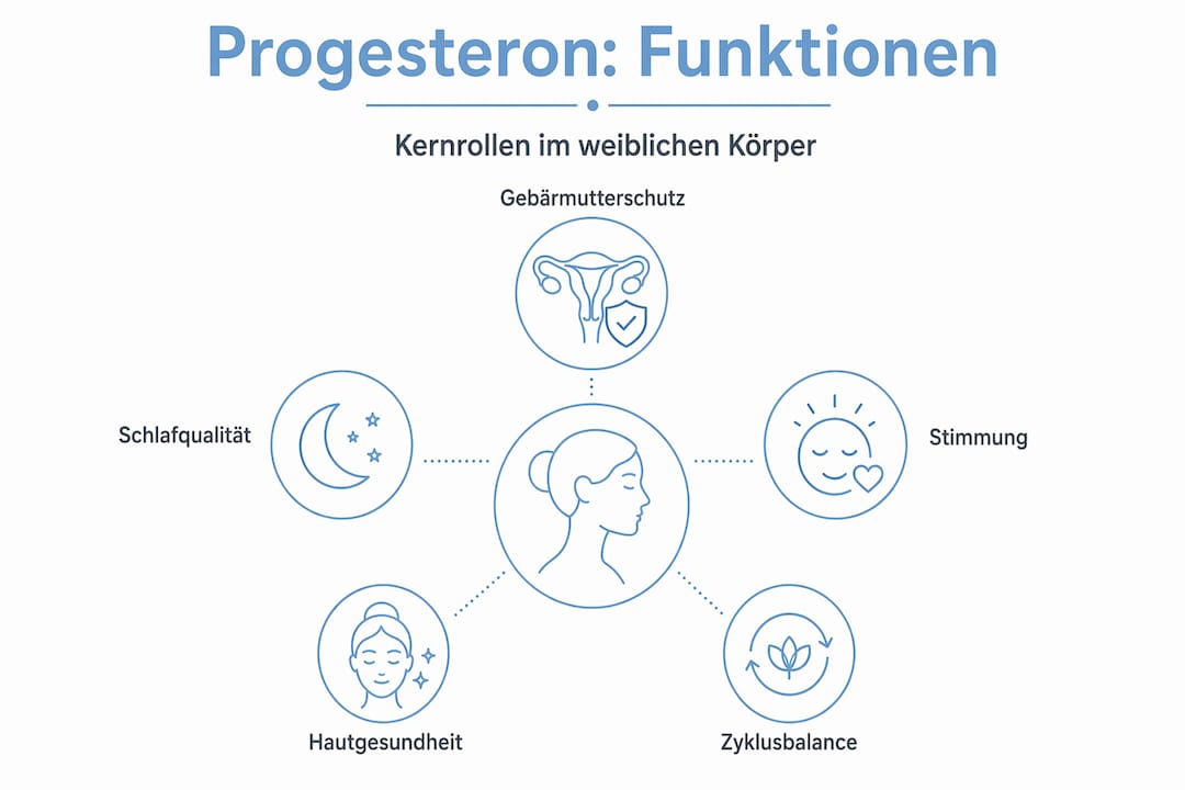 Die Infografik gibt einen Überblick über die wichtigsten Aufgaben von Progesteron.