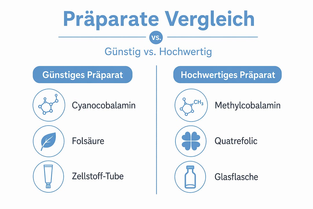 Graphique récapitulatif : Ce qui compte dans les compléments vitaminiques de qualité et de moindre qualité – une comparaison directe.