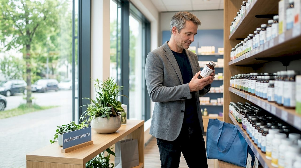 Ein Mann steht in der Apotheke und überlegt, welches B-Vitamin-Präparat für ihn am besten geeignet ist.