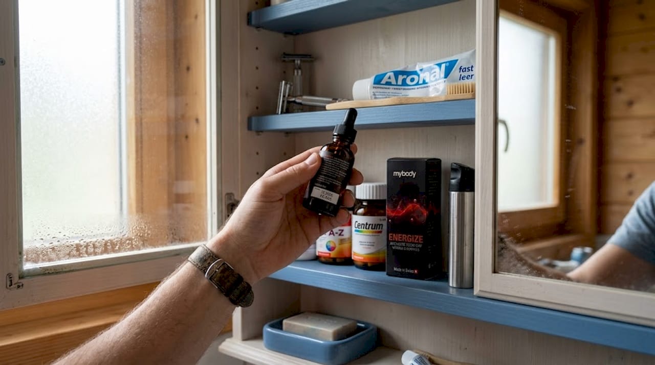 Ein Mann nimmt eine Vitamin-B-Packung in die Hand und prüft aufmerksam das Etikett.
