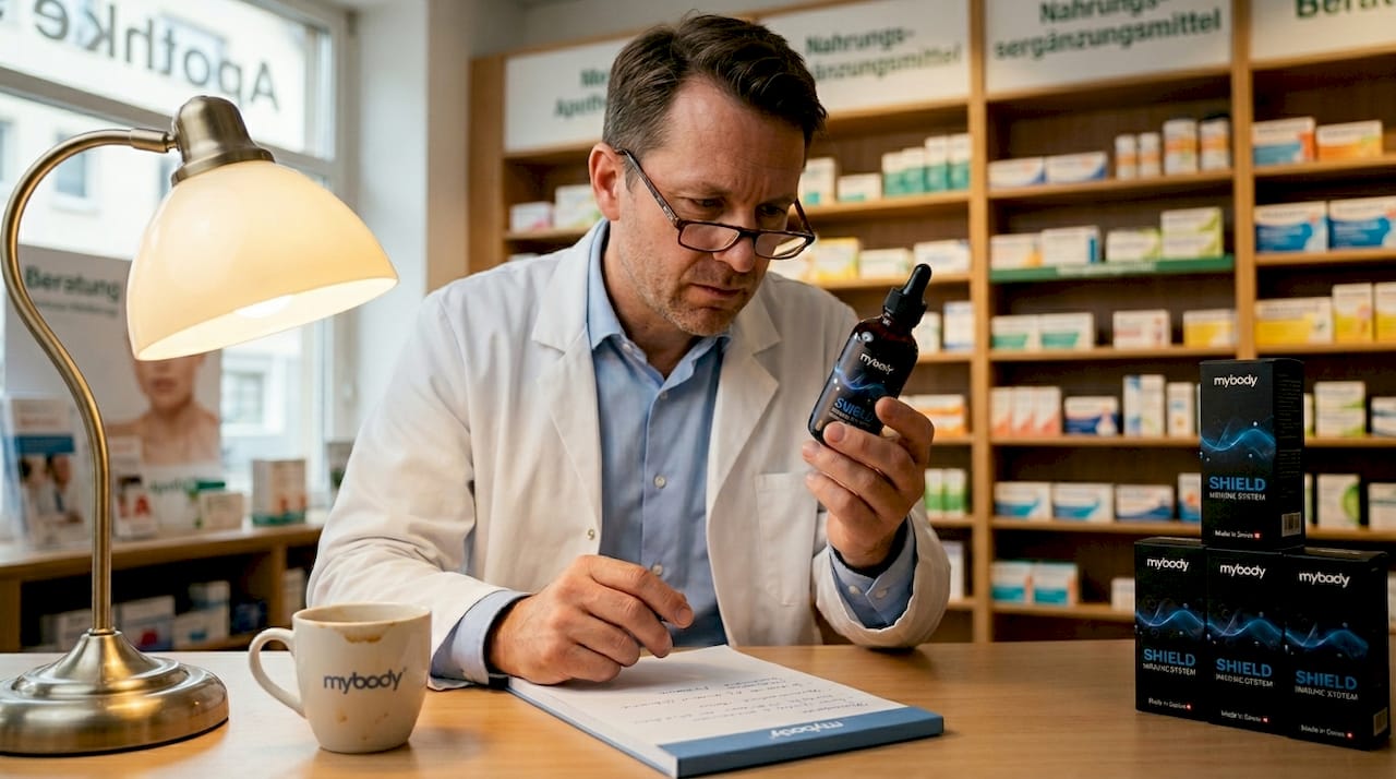 Eine Apothekerin prüft eine Nahrungsergänzung unter einer LED-Lampe ganz genau.