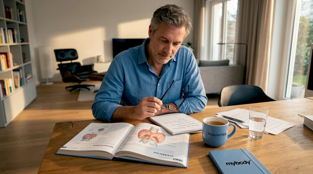 Ein Mann vertieft sich am Schreibtisch in die Anatomie der Schilddrüse.