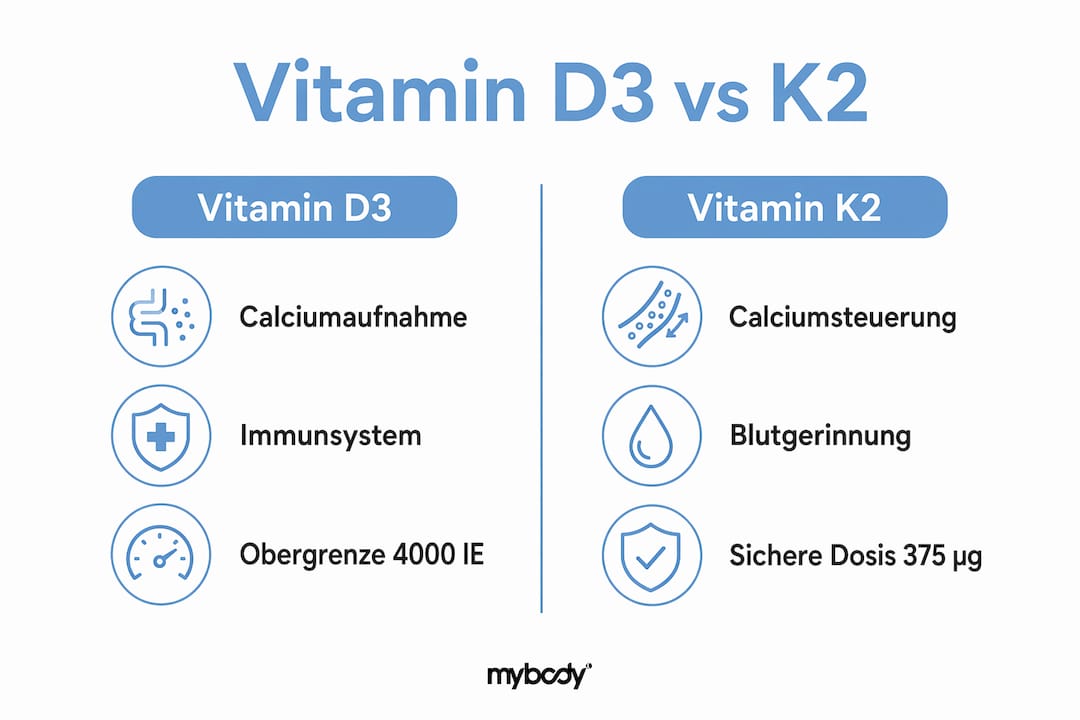 Graphique récapitulatif : Effets et dosage recommandé de la vitamine D3 et K2 en comparaison directe