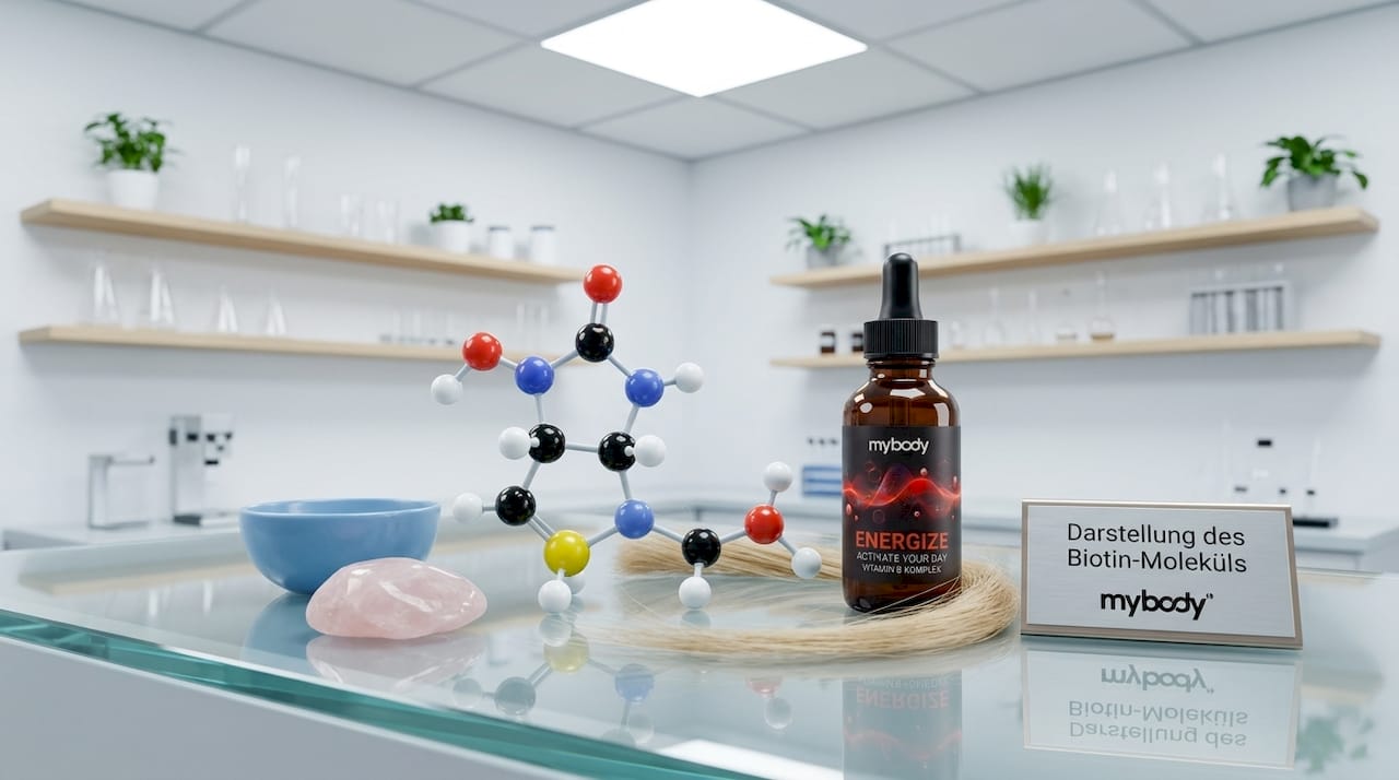 Anschauliches Modell des Biotin-Moleküls mit Elementen, die Haut, Haare und Nägel symbolisieren.