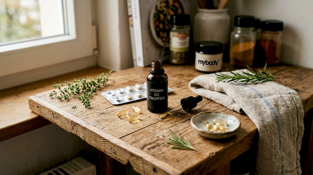 Detailansicht von Vitamin K2 in Tropfenform, als Kapseln und Tabletten
