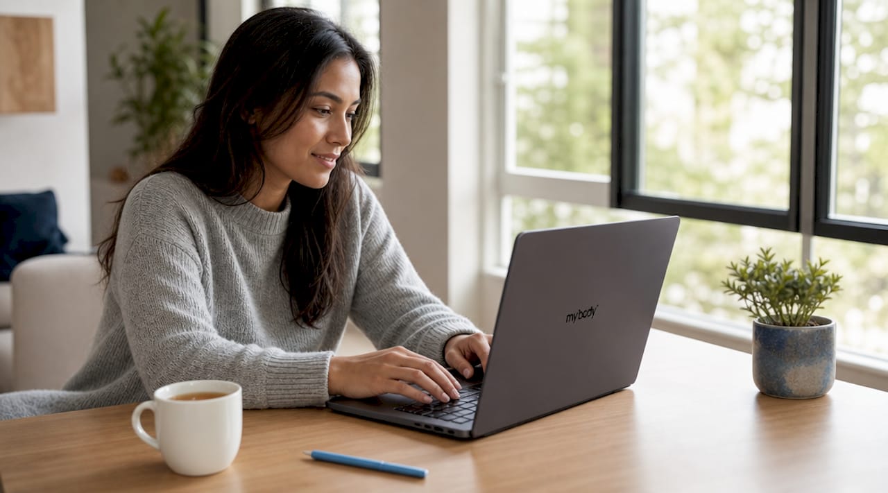 Jemand arbeitet am Laptop und tippt Daten in eine Tabelle ein.