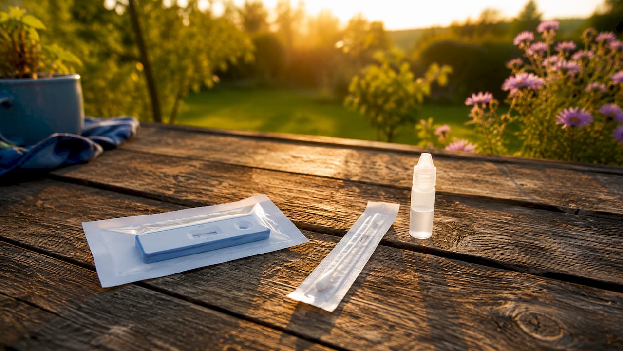 Nahaufnahme der einzelnen Bestandteile eines Selbsttest-Kits, die auf dem Tisch liegen
