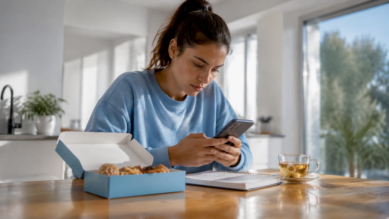 Eine Frau denkt über die psychologischen Aspekte ihrer Ernährung nach.