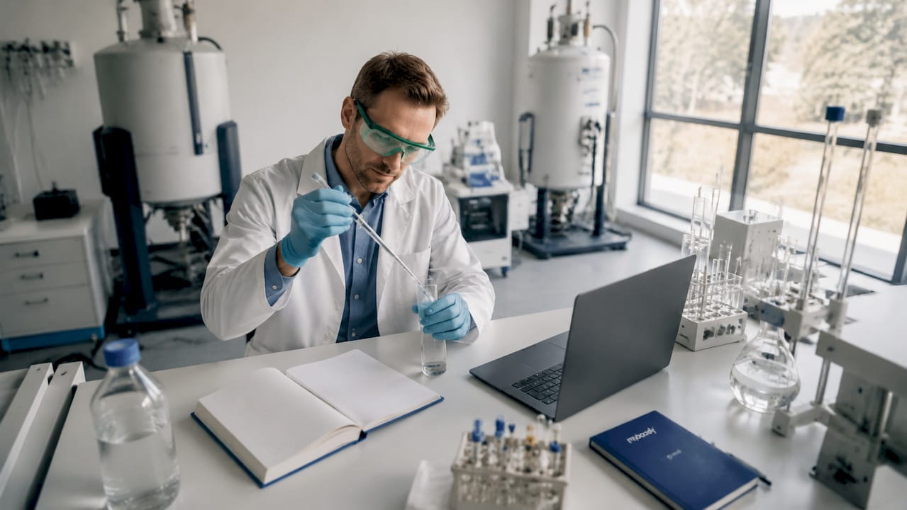 Ein Labortechniker bereitet eine Probe für die NMR-Messung vor.