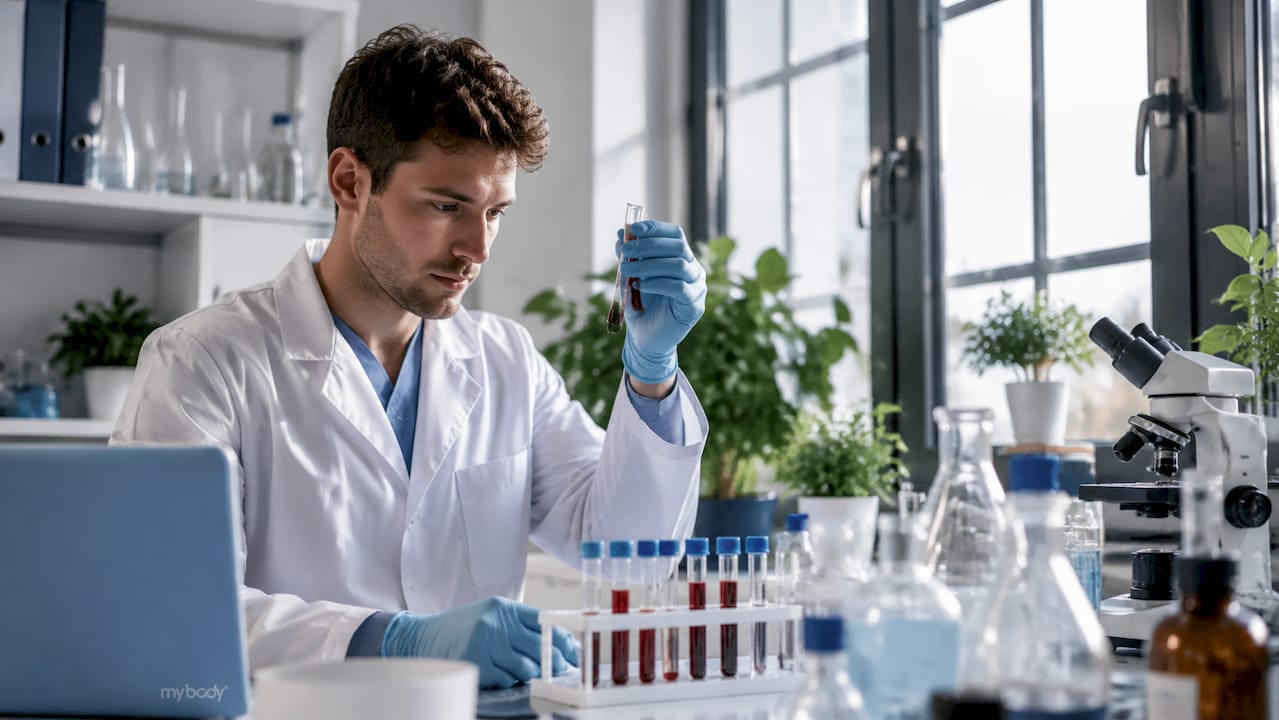 Eine Laborfachkraft überprüft eine Blutprobe unter fachmännischen Bedingungen im Labor.