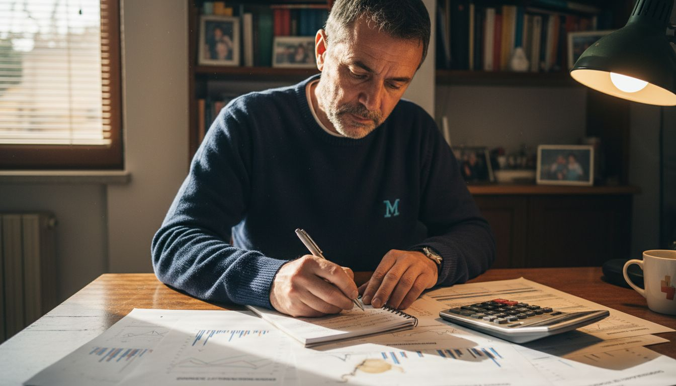 Un investitore immerso nell’analisi dei grafici, circondato da una scrivania piena di fogli e appunti sparsi.