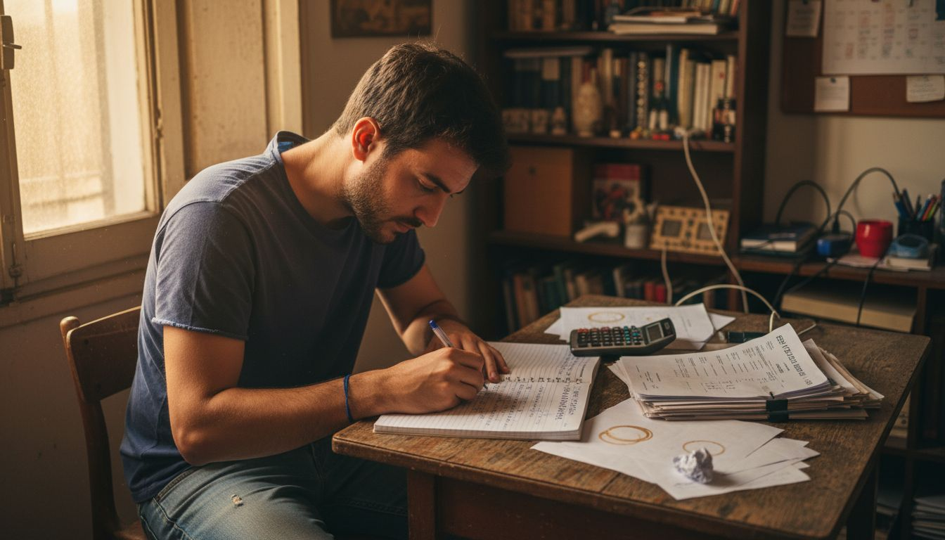 Un uomo pianifica i suoi obiettivi finanziari mentre lavora da casa, concentrato al computer nel suo ufficio domestico.