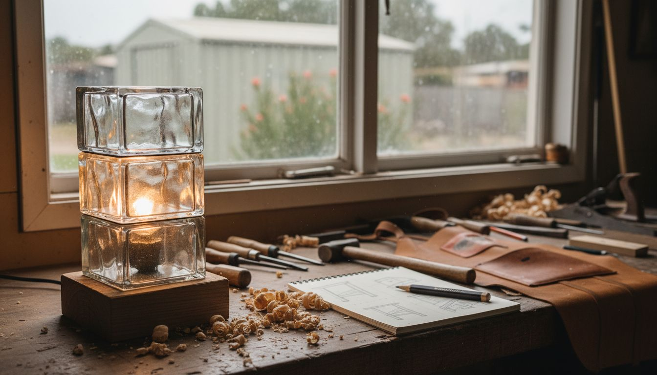 Glass block lamp on artisan’s workbench