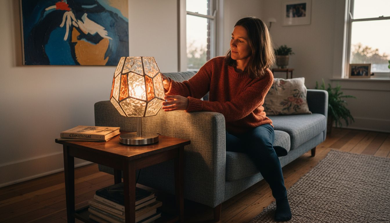 Woman adjusts bespoke lamp in lounge