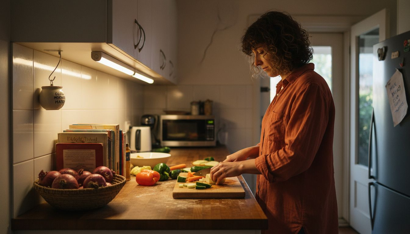 Woman prepping food with task lighting in kitchen