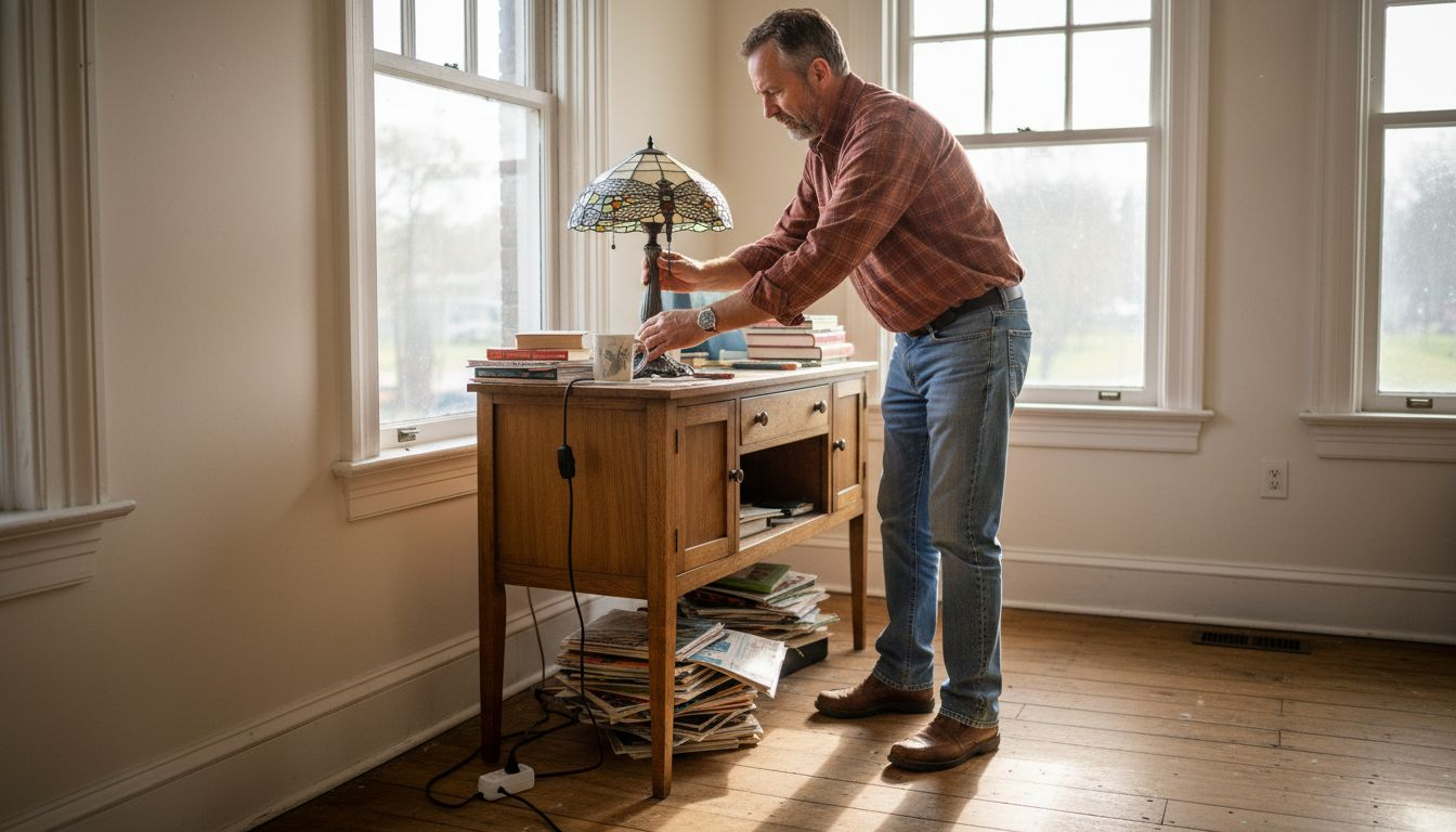Man adjusting decorative lamp in reading nook