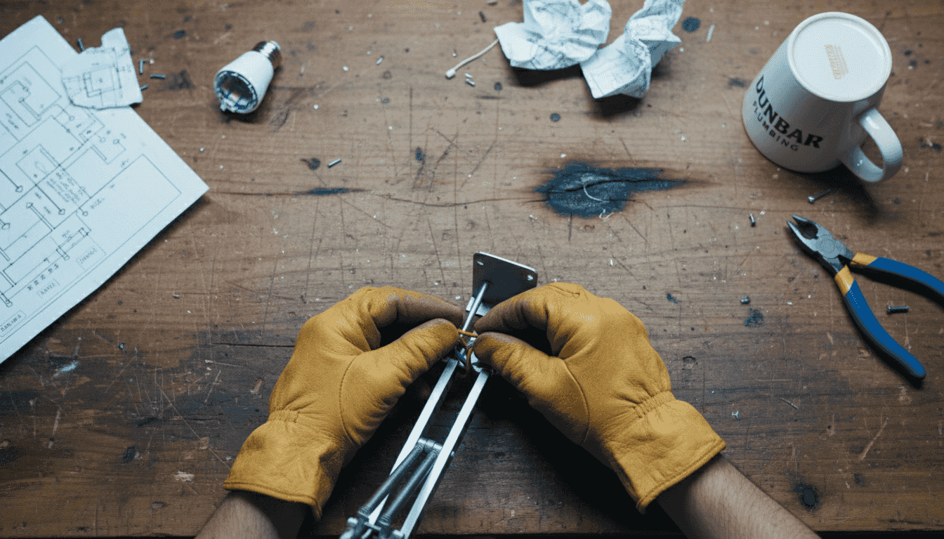Hands wiring a lamp on cluttered workbench
