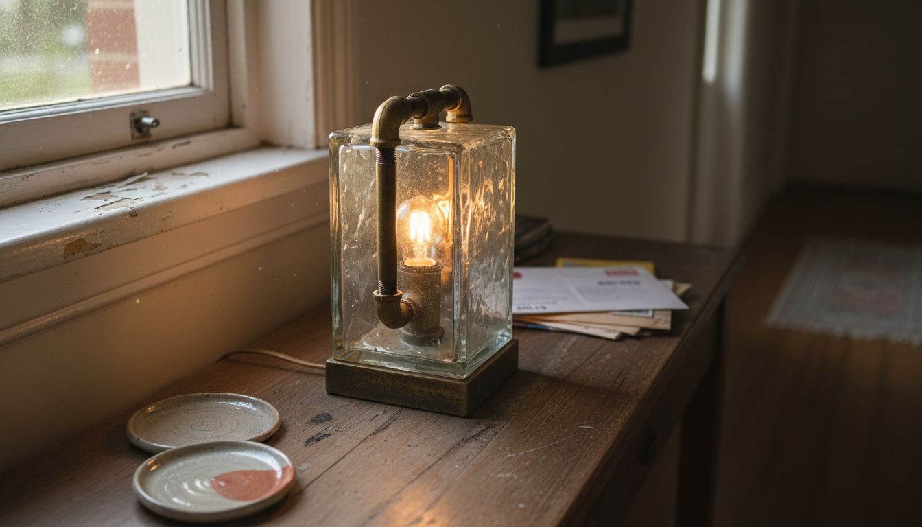 Handcrafted lamp with reclaimed glass and LED bulb